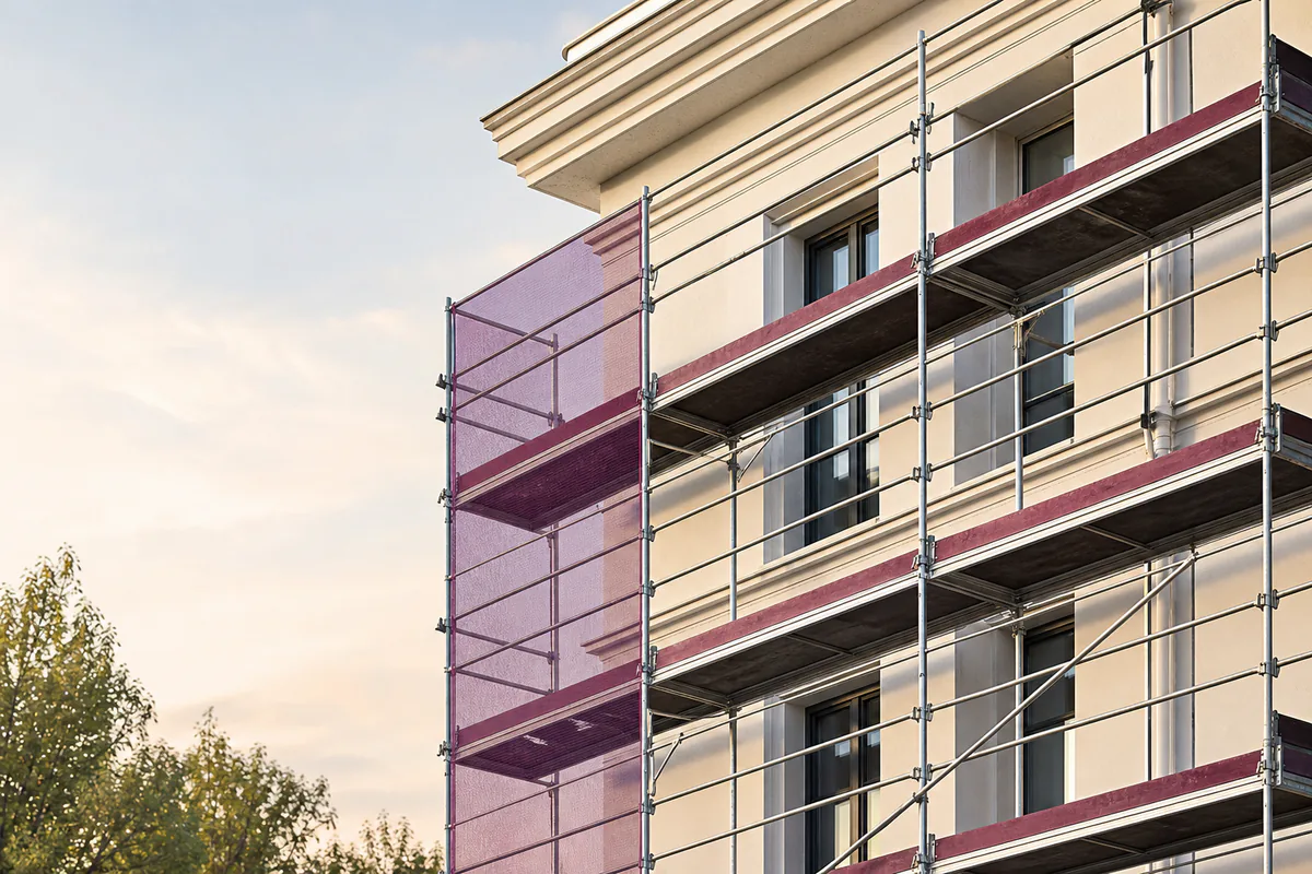 Sicher aufgebautes Fassadengerüst an einer hellen Wohnhausfassade mit violettem Schutznetz